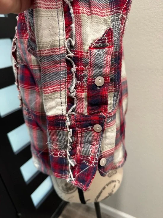 NWT-Free People Red Plaid Ruffle-Trim Button Down Shirt - Picture 4 of 5